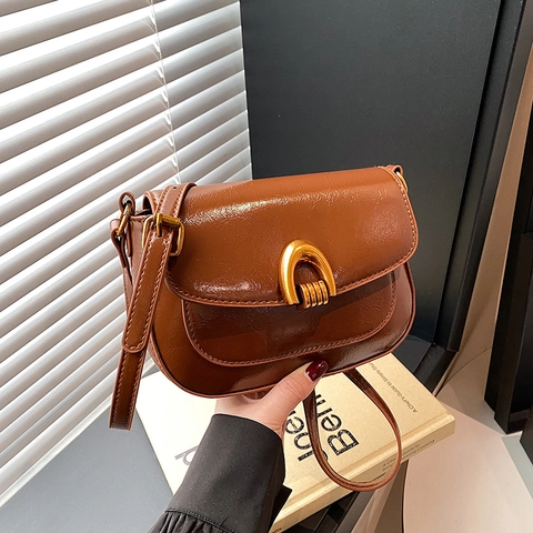 Borsa Tracolla Sella Vintage Donne Pelle PU Lucida Fibbia Metallo U Tracolla Regolabile Borsa Spalla Retrò