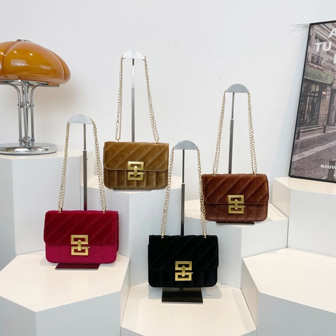 Borsa A Tracolla Retro In Velluto Con Catena Dorata E Fibbia A Incastro Piccola Borsa Quadrata Di Moda Per Donna