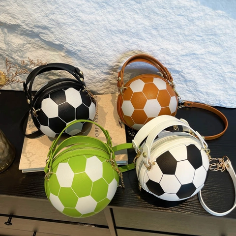 Sac À Main Forme Ballon De Football Cuir PU Rond Bandoulière Chaîne Dorée Fermeture Éclair Femmes