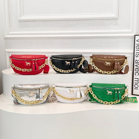 Dames Krokodillenpatroon Borsttas PU Leer Heuptas Met Gouden Ketting Paardenlogo Brede Jacquard Band Crossbody Zadeltas