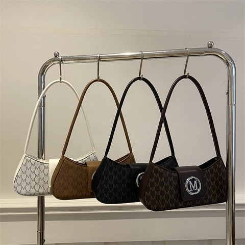 Retro Underarm Bag For Women PU Leather M Letter Print Shoulder Baguette Bag With Silver Metal Logo Buckle