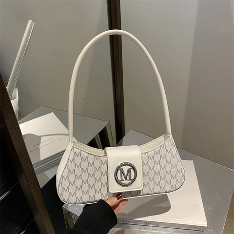 Retro Underarm Bag For Women PU Leather M Letter Print Shoulder Baguette Bag With Silver Metal Logo Buckle
