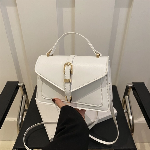 Women PU Leather Shoulder Bag Solid Color Gold Buckle Commuter Fashion Small Square Handbag Crossbody Purse
