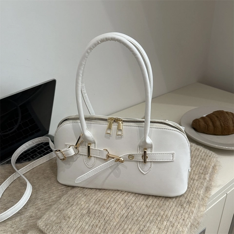Retro Boston Bag For Women Trendy PU Leather Handbag With Gold Hardware Dual Zipper Adjustable Strap Crossbody Bag