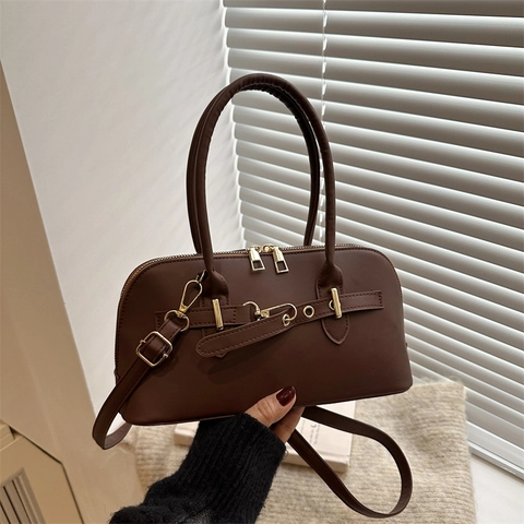 Borsa a Spalla Donna in Pelle PU Minimalista Borsa a Mano a Conchiglia Retro Pendolare Con Ferramenta Oro Borsa a Tracolla