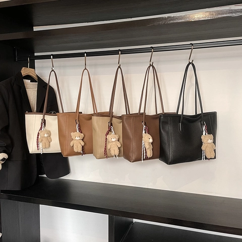 PU Leather Lychee Pattern Tote Bag Large Capacity Contrast Color Fashion Korean Style Shoulder Handbag Women