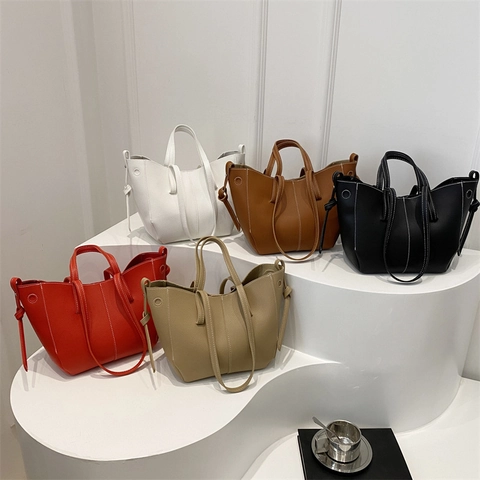 Women Large Capacity Tote Bag Litchi Grain PU Leather Contrast Stitching Side Knot Decor Commuter Shoulder Handbag