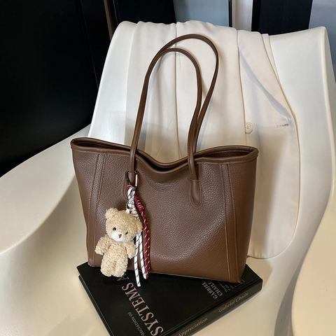 PU Leather Lychee Pattern Tote Bag Large Capacity Contrast Color Fashion Korean Style Shoulder Handbag Women