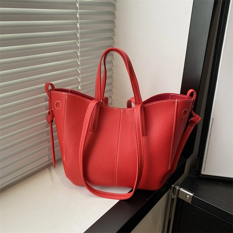 Women's Fashion PU Leather Tote Bag Large Capacity Litchi Pattern Shoulder Bag Contrast Stitching Commuting Daily Handbag