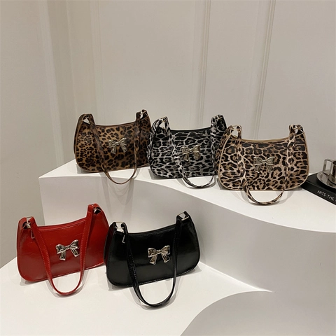 Women Fashion Leopard Print PU Leather Underarm Bag Retro Baguette Bag With Metal Bow Detail Fashionable Shoulder Handbag