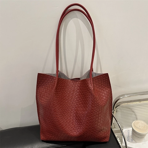 Woven Tote Bag PU Leather Large Capacity Shoulder Handbag With Inner Pouch Retro Casual Commuter For Women