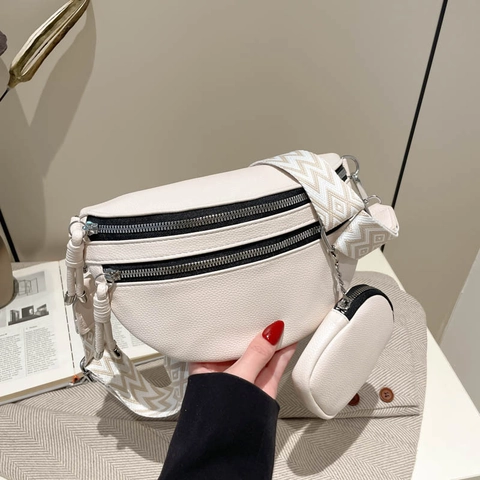 Fashion Litchi Pattern PU Leather Crescent Crossbody Bag With Wide Geometric Strap And Detachable Coin Purse Casual Chest Bag