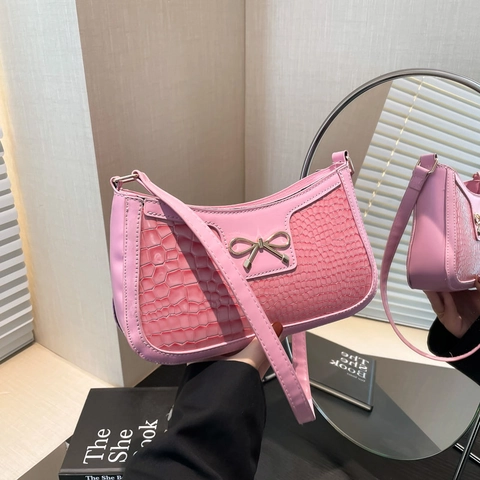 Damen Vintage Krokodilmuster Leopardenmuster Unterarmtasche Mode Metallschleife PU Leder Schultertasche Baguette Handtasche