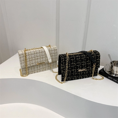 Bolso de Hombro con Cadena de Tweed Vintage para Mujer Bolso Bandolera de Moda Bolso Cuadrado Pequeño con Solapa Elegante Diario