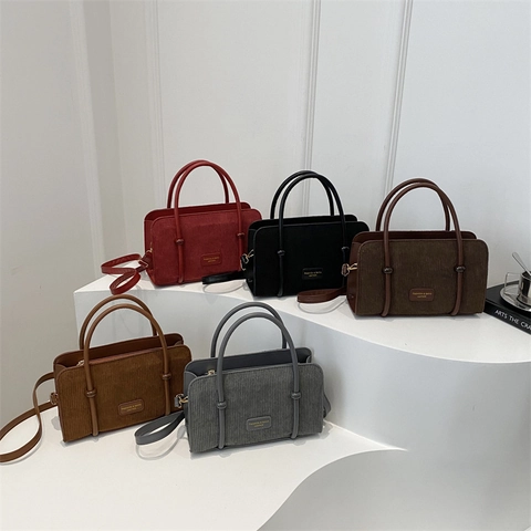 Women Retro Corduroy Shoulder Bag Vintage Vertical Stripe Underarm Bag Square Crossbody Bag With PU Leather Handle For Commute