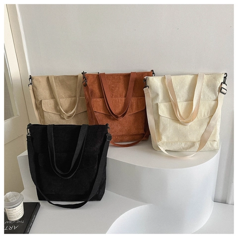 Women Corduroy Tote Bag Large Capacity Shoulder Crossbody Bag With Front Flap Pocket Zipper Closure Retro Solid Color