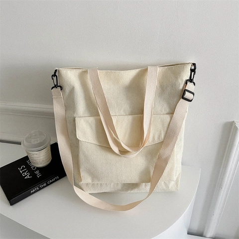 Sac Fourre-tout En Velours Côtelé Femme Grande Capacité Vintage Sac À Main Bandoulière Poche Avant Minimaliste Style Coréen