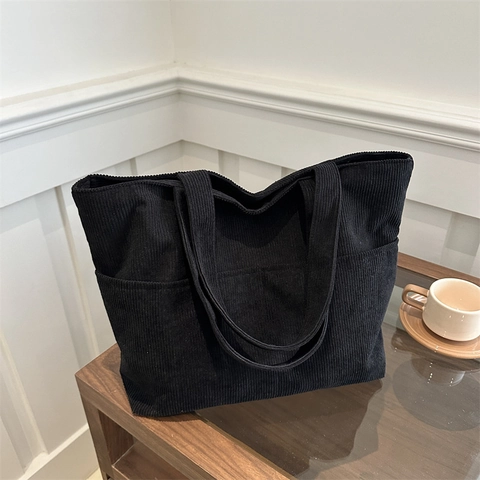 Bolso Tote de Pana de Gran Capacidad para Mujer Color Sólido Vintage Minimalista Estilo Coreano Bolso de Hombro para Estudiantes