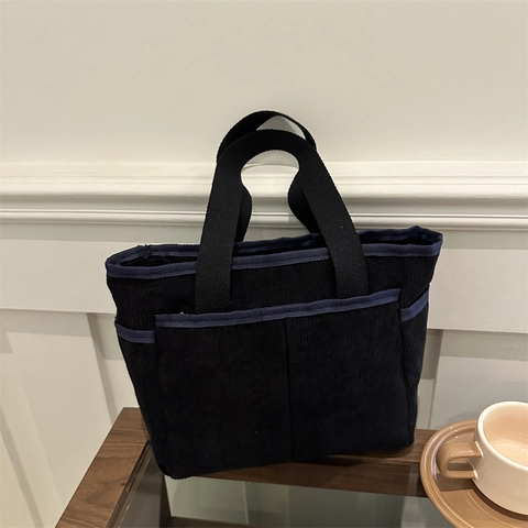Tote Bag pour Femmes en Velours Côtelé Grande Capacité Sac à Épaule Décontracté Avec Bordure Contrastée Multi-Poches Pour École