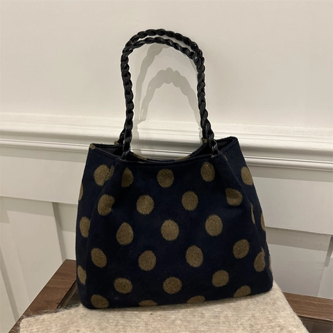 Damen Plüsch Polkadot Shopper Retro Große Kapazität Geflochtener Griff Casual Schultertasche Für Den Alltag Handtasche