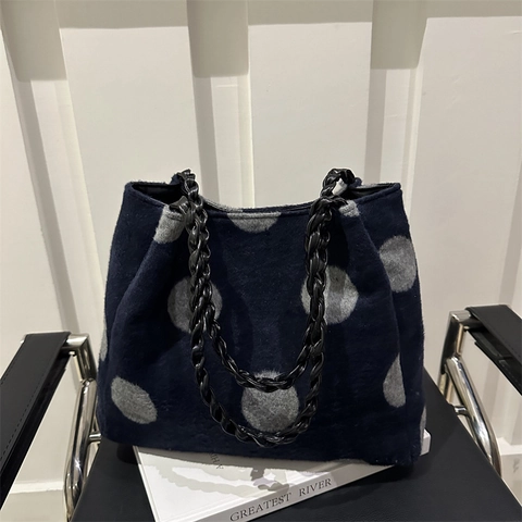 Borsa Tote da Donna in Lana a Pois Grande Capacità Borsa a Spalla Minimalista Vintage Con Manico Intrecciato Casual