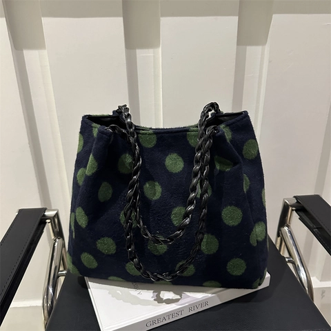 Borsa Tote da Donna in Lana a Pois Grande Capacità Borsa a Spalla Minimalista Vintage Con Manico Intrecciato Casual