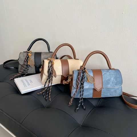 Borsa Quadrata Retro Donne Patchwork Pelle PU Denim Colore Contrasto Borsa A Tracolla A Mano Con Ciondolo Racchetta Da Tennis