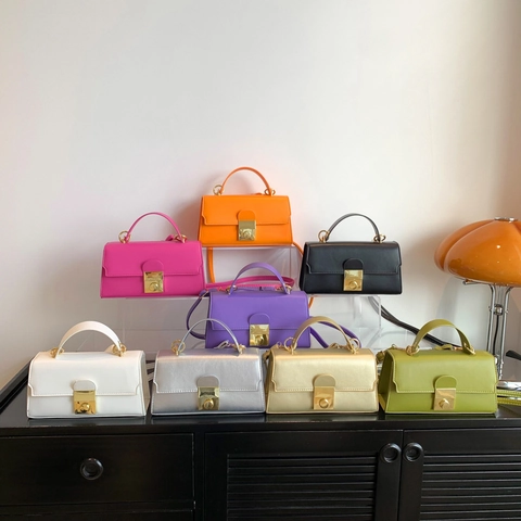 Minimalist PU Leather Small Square Handbag Chic Flap Crossbody Bag With Gold Metal Lock For Women Solid Candy Color