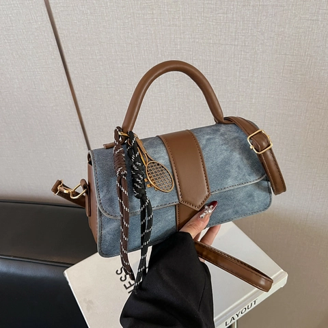 Borsa Quadrata Retro Donne Patchwork Pelle PU Denim Colore Contrasto Borsa A Tracolla A Mano Con Ciondolo Racchetta Da Tennis