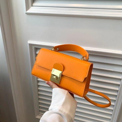 Minimalist PU Leather Small Square Handbag Chic Flap Crossbody Bag With Gold Metal Lock For Women Solid Candy Color