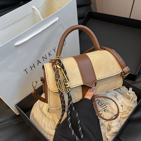 Retro Patchwork PU Leather Denim Shoulder Bag For Women Vintage Contrast Color Small Square Crossbody Bag With Tennis Racket Charm