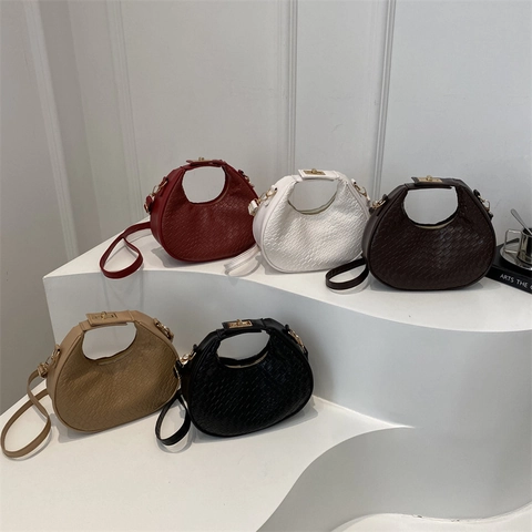 Bolso de Hombro Media Luna para Mujer Textura Tejida Cuero Artificial Minimalista Color Sólido Bolso de Cruzado