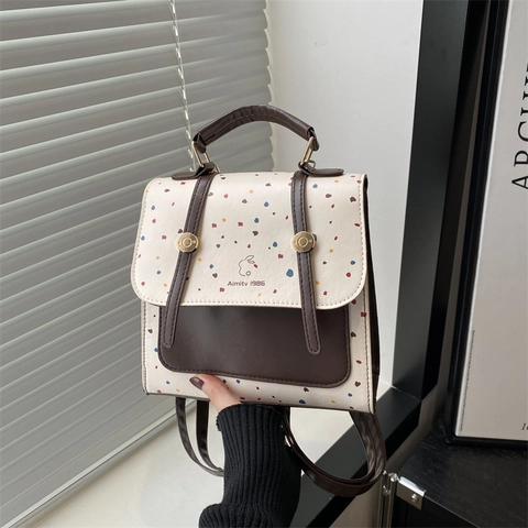 Zaino Mini in Pelle PU a Pois Retro da Donna Colore a Contrasto Moda Piccolo Zainetto Con Design Logo Coniglio