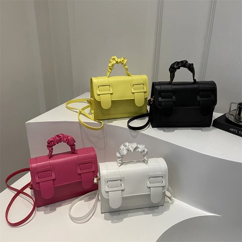 Bolso Bandolera Para Mujer Cuero PU Asa Fruncida Hebillas Decorativas Bolso De Mano Cuadrado Pequeño Casual Color Sólido