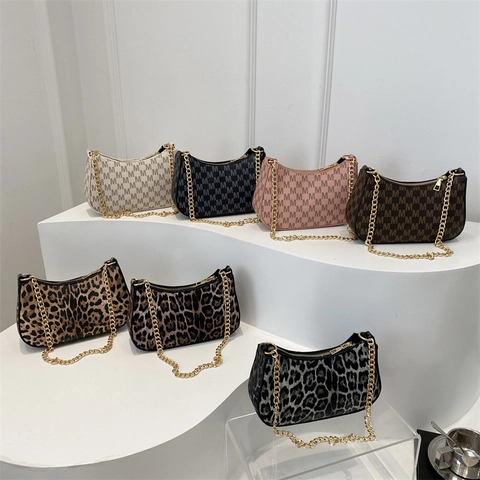 Women PU Leather Crescent Underarm Bag Vintage Monogram Leopard Print Shoulder Bag With Gold Chain Strap Trendy Hobo Bag
