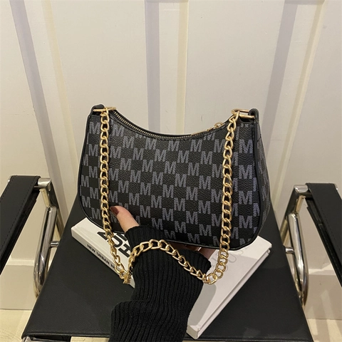 Vintage Underarm Hobo Bag For Women With Golden Metal Chain PU Leather Crescent Shape Leopard Print M Letter Pattern