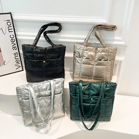 Quilted Metallic Puffy Tote Bag Glossy Down Underarm Shoulder Handbag Fashion Solid Color Lightweight Women Bag