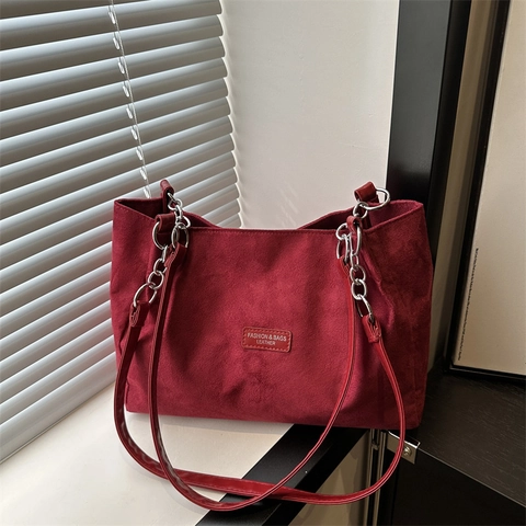 Bolso Tote de Cuero PU Esmerilado Retro para Mujer Gran Capacidad Bolso de Hombro con Cadena de Plata Color Sólido