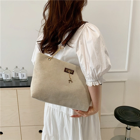 Large Capacity Women Tote Bag Nylon Woven Fabric Shoulder Handbag Retro Commuter Golden Chain Strap Deer Pendant Casual