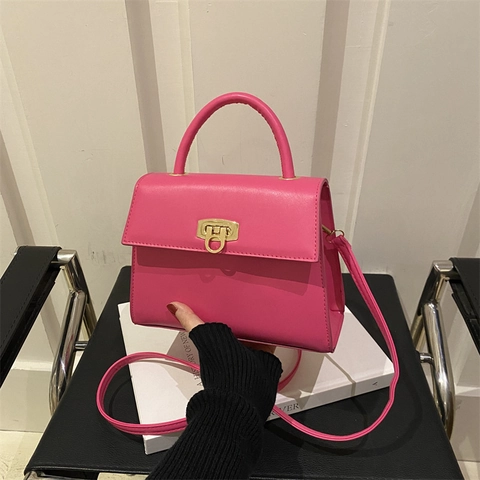Minimalist Women Handbag PU Leather Top Handle Crossbody Bag Fashion Small Square Purse With Golden Metal Clasp