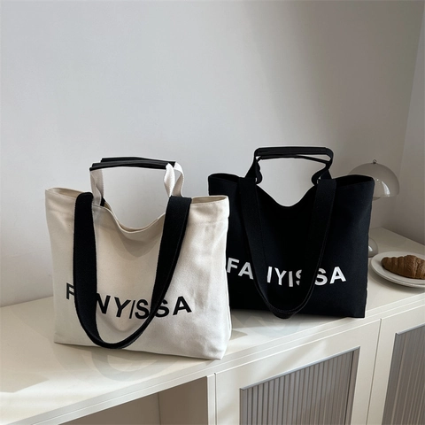 Damen Canvas Tote Bag Große Kapazität Buchstaben Druck Minimalistisch Casual Pendeln Schulter Handtasche
