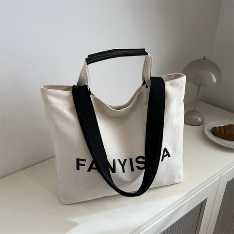 Damen Canvas Tote Bag Große Kapazität Buchstaben Druck Minimalistisch Casual Pendeln Schulter Handtasche