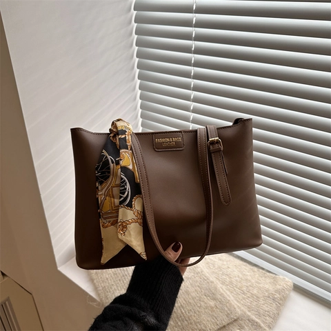 Dames Retro PU Lederen Tote Bag Grote Capaciteit Forens Kantoor Schoudertas Met Decoratieve Satijnn Sjaal Eenvoudig