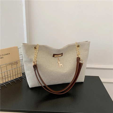 Borsa Tote Grande Capacità Donna Tela Nylon Ciondolo Cervo Dorato Borsa A Spalla Retrò Per Pendolari Casual Daily