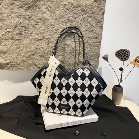 Μεγάλη Τσάντα Tote PU Δέρμα Ύφασμα Tweed Καρό Argyle V Λαιμόκοψη Urban Μετακίνηση Retro Τσάντα Ώμου Χειρός Κορδέλα
