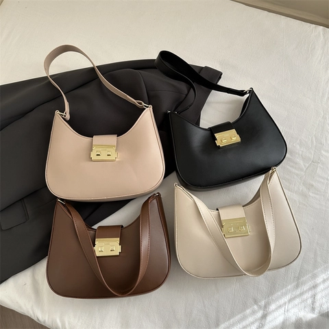 Women PU Leather Hobo Shoulder Bag With Gold Buckle Solid Color Underarm Bag Fashion Casual Versatile