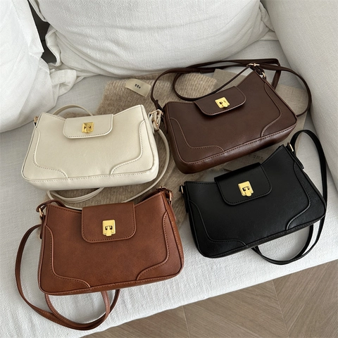 Vintage PU Leather Shoulder Bag For Women Gold Metal Lock Minimalist Underarm Bag Retro Small Square Bag Handbag Daily