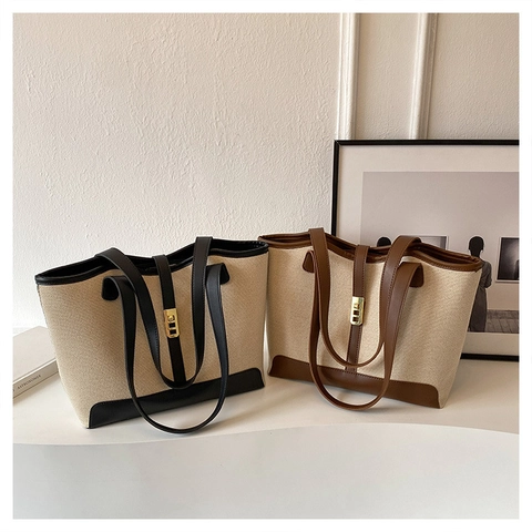 Borsa Tote Capiente Tela Pelle PU Patchwork Con Chiusura In Metallo Stile Street Retrò Per Pendolarismo Quotidiano Donna