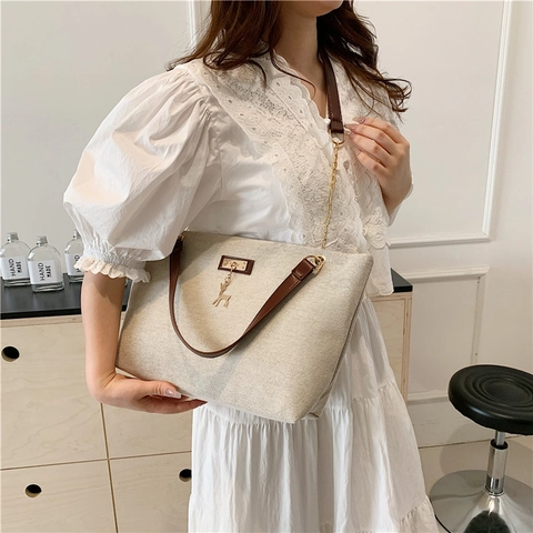 Borsa Tote Grande Capacità Donna Tela Nylon Ciondolo Cervo Dorato Borsa A Spalla Retrò Per Pendolari Casual Daily