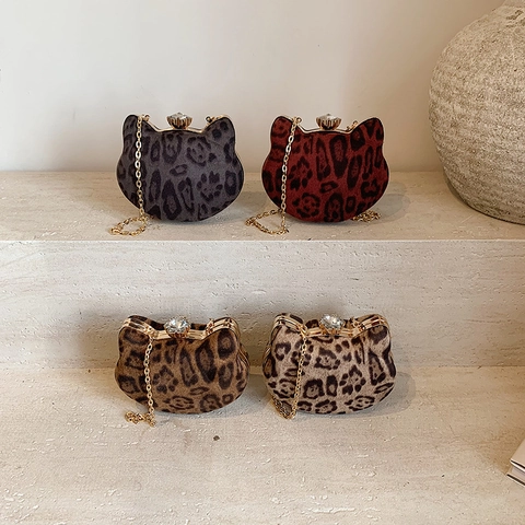Cat Shape Leopard Print Mini Crossbody Bag Plush Fabric Rhinestone Clasp Gold Metal Chain Retro Shoulder Bag Women